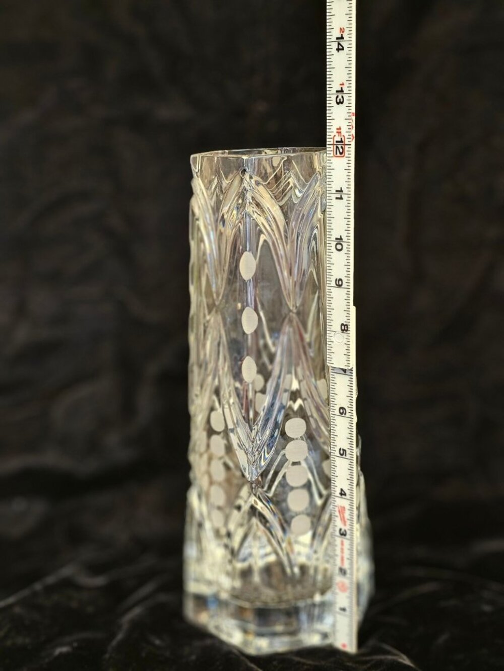 Vintage Etched Crystal Vase With Geometric Dot Pattern 11-Inch Tall Hexagonal Ba - Picture 3 of 13